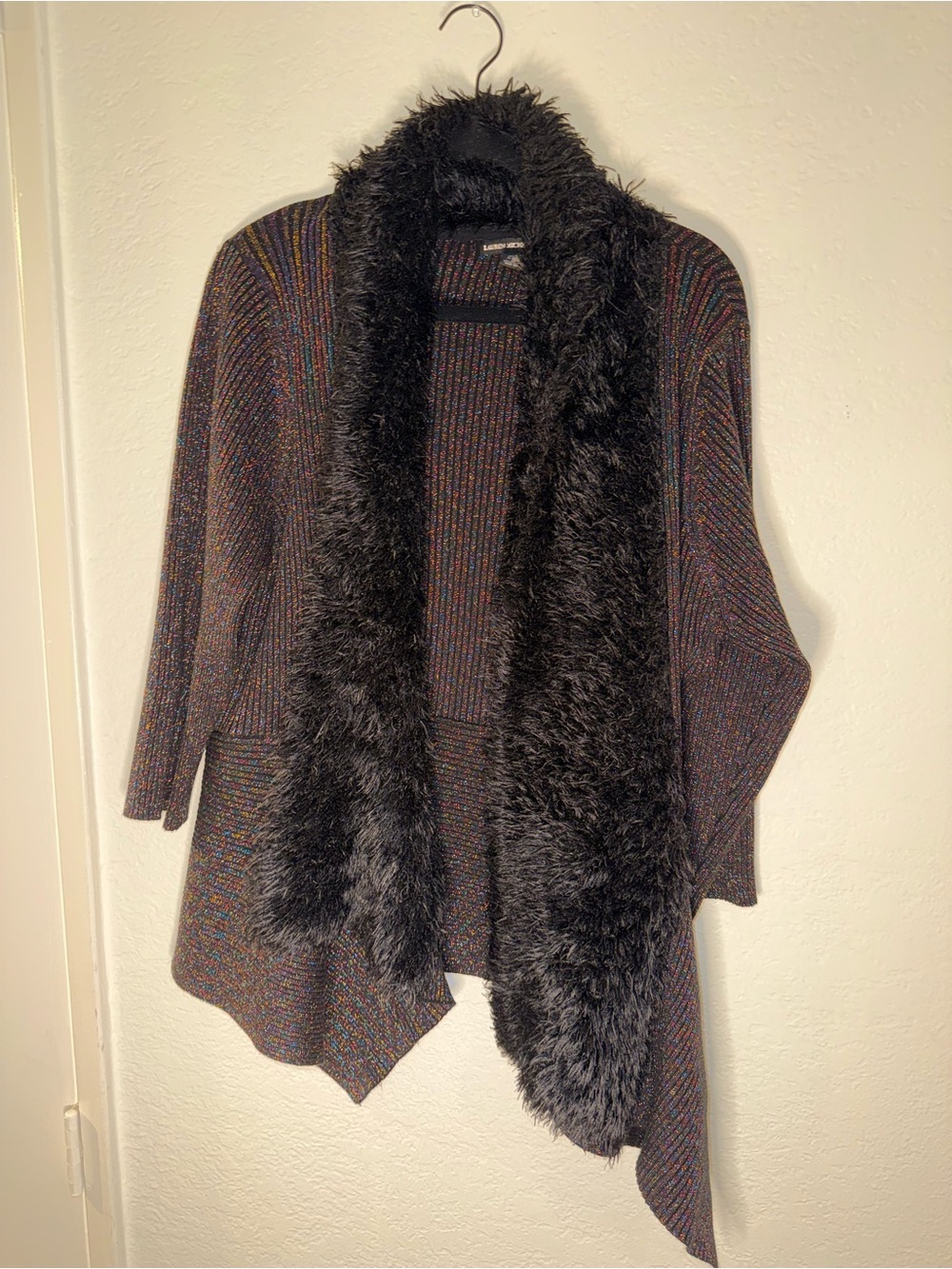 Lauren Michelle Multicolor Knit Open-Front Cardigan with Black Faux-Fur Trim